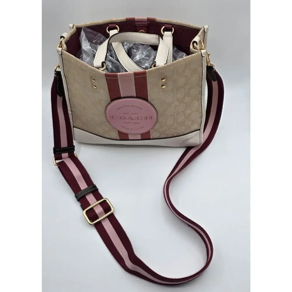 Coach Dempsey Tote 22 Signature Jacquard Khaki Chalk Pink Stripe Crossbody Bag